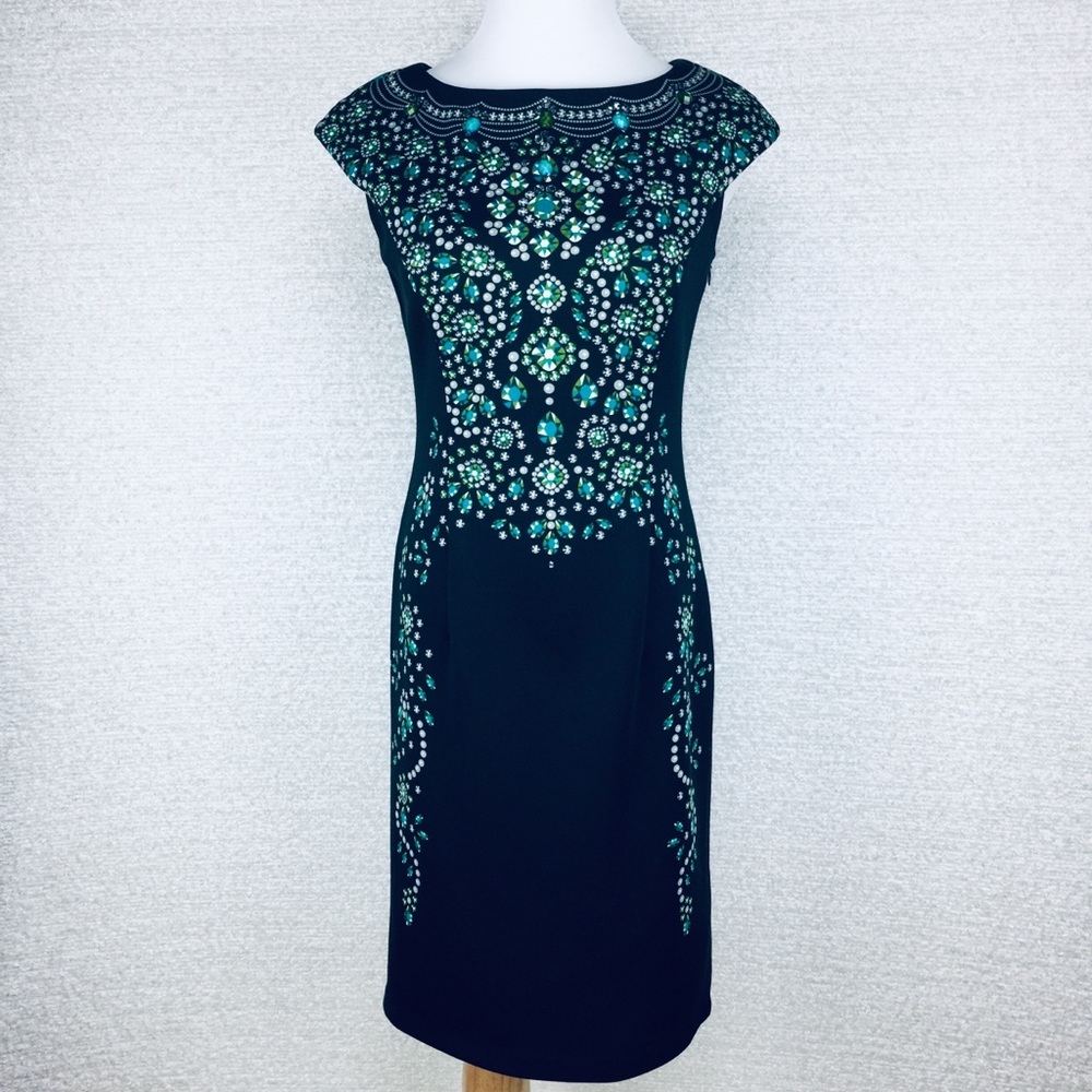 NY& Co Black/Green Sheath Dress. Midi. XS
